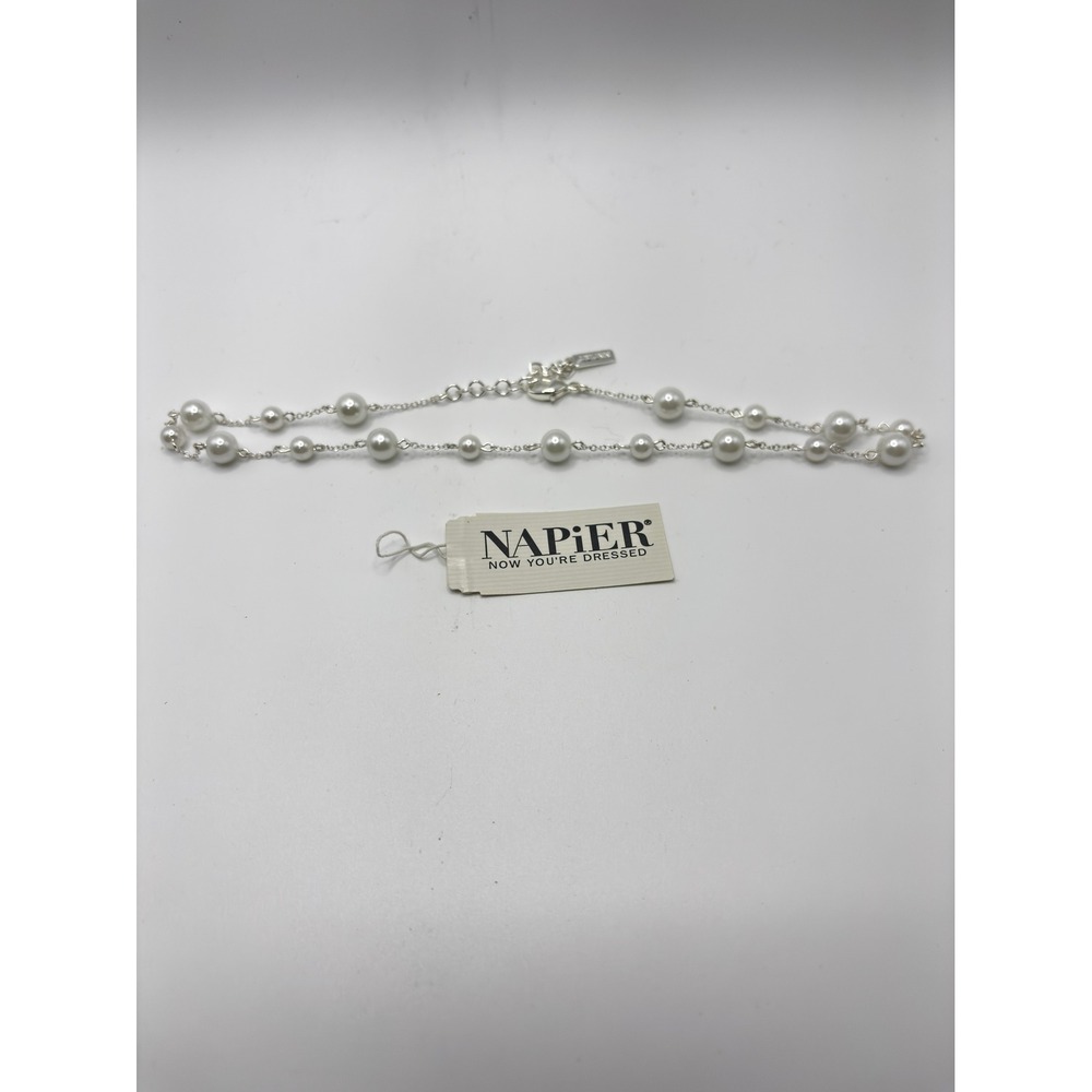Napier Station Necklace Womens 15" White Faux Pearl Silver Tone Bridal Classic - Picture 2 of 2